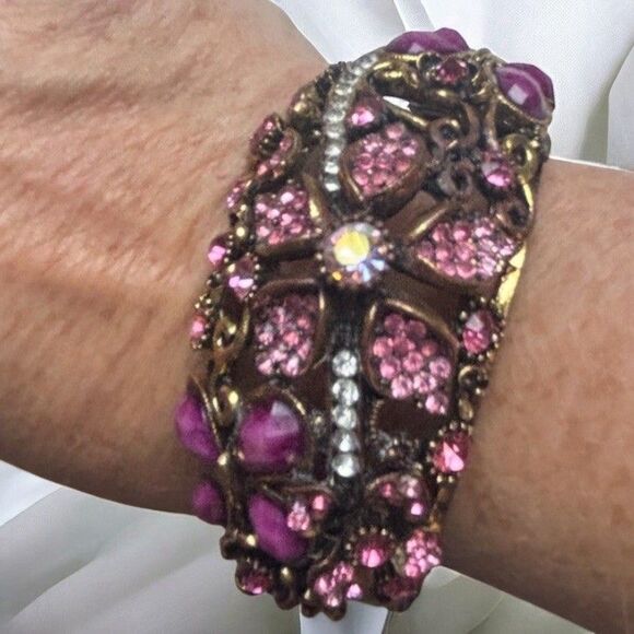 Vintage Mid Century Floral Rhinestone Clamper Bracelet Purple Pink Jewelry - Picture 2 of 16
